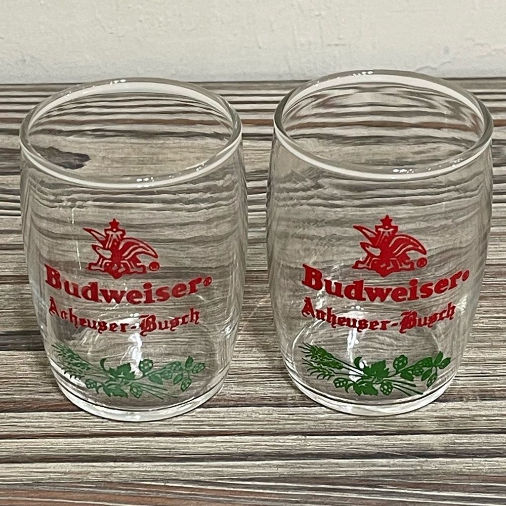 Vintage 60s Budweiser Anheuser Busch Tester Sampler Glasses Barrel Shaped 2 Set - Picture 2 of 9